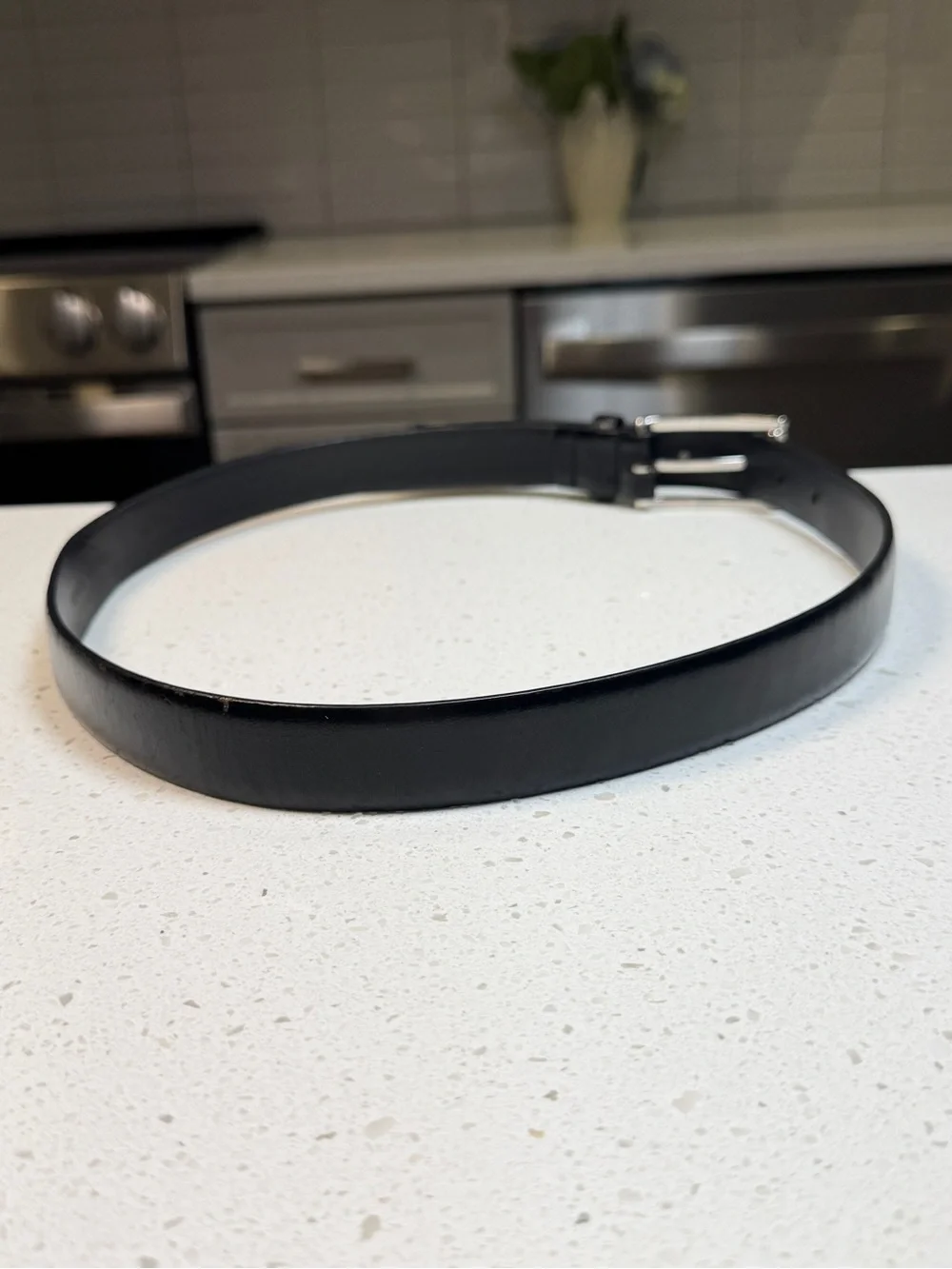 Vintage 90's DKNY Black Leather Belt Silver-Toned Rectangular Buckle Medium M